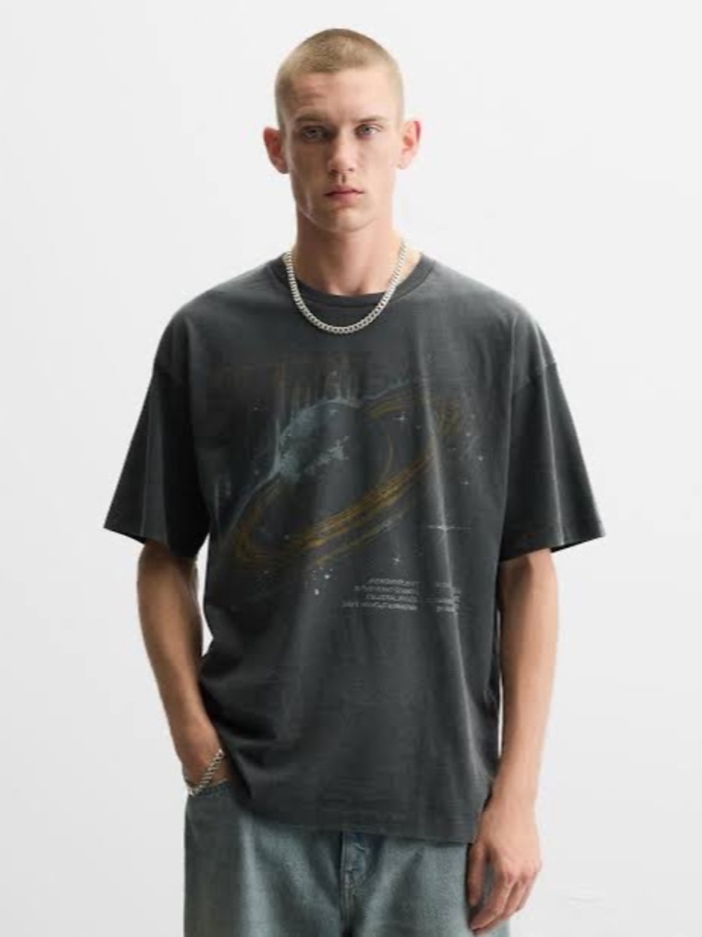 Zara Men XL Washed Black Saturn Planet Oversized Graphic Tee